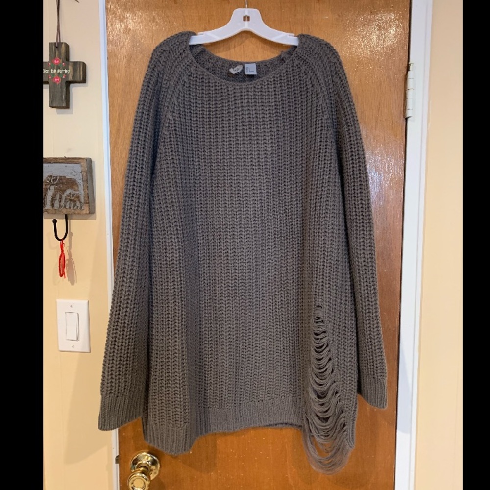 H & M Grey Sweater with left slash detail.